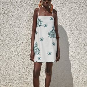 Zara White and Green Patterned Embroidery Dress